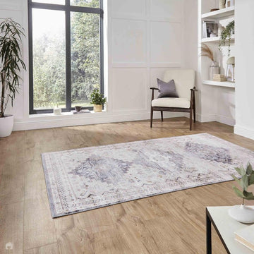 Topaz H1265 Traditional Vintage Distressed Medallion Border Lightweight Printed Chenille Polyester Flatweave Soft Grey/Charcoal Grey/Stone Beige/Ivory/Taupe/Faded Gold Rug-Think Rugs-Rug Love - The Most Loved Rug Store